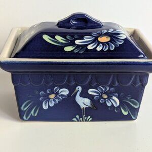 Alsace France Hand Painted Rectangular Butter Keeper /Terrine Crane & Flowers